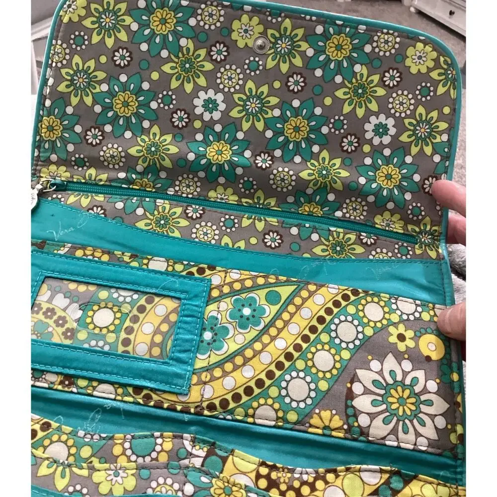 Vera Bradley Travel Wallet Clutch Organizer Teal Yellow Floral Paisley Case